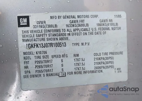 2007 GMC Yukon Slt z USA, uszkodzony, nr VIN 1GKFK13J07R100513